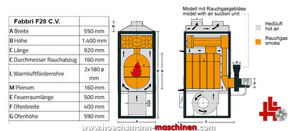 Abbildung der Maße und Aufbauschema eines Fabbri F28Cv Ofens